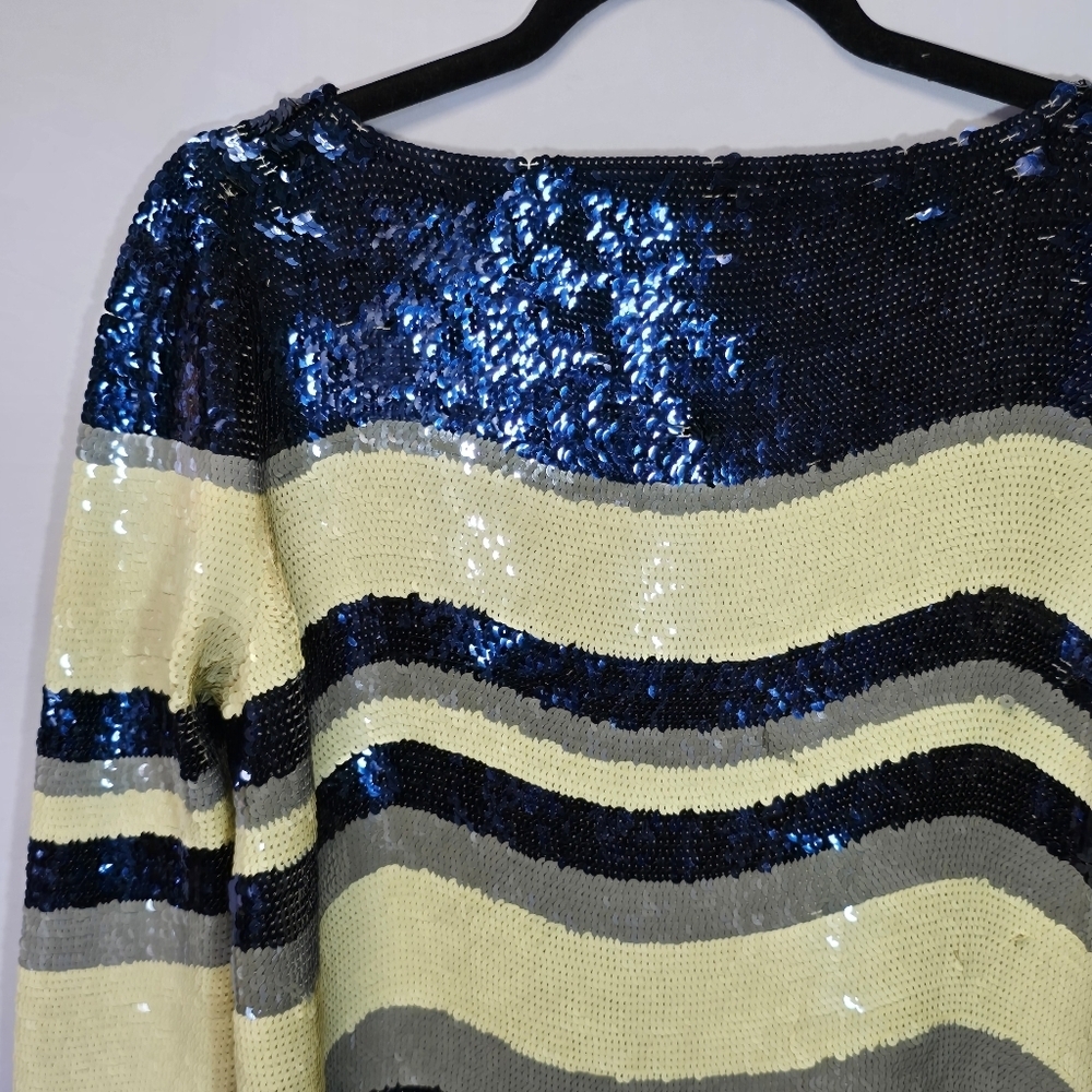 Tory Burch Navy Cream Sequin 3/4 Sleeve Blouse Formal Special Event Top, Sz M - Picture 9 of 11